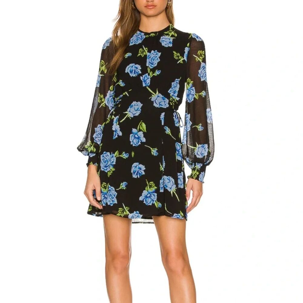 Free People Samantha Mini Dress Blue Rose Floral Black Size Small $148